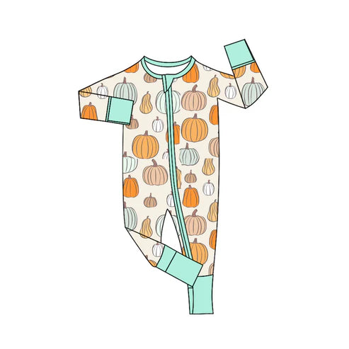 8.14 LR2565 Baby Boys Colorful Pumpkins Plaid Fall Zipper Footie Rompers Preorder