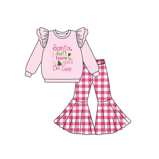 6.16 GLP2381 Baby Girls Pink Long Sleeves Santa,I'm Cute Top Plaid Bell Bottom Pants Set Preorder