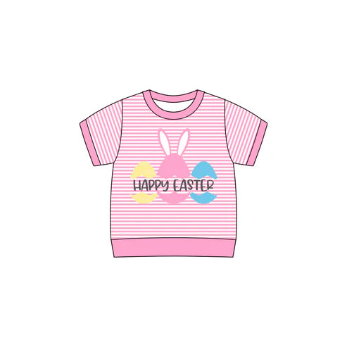 9.30 GT1258 Baby Girls Pink Stripe Short Sleeve Eggs Rabbit Happy Easter Tee Shirts Top Preorder