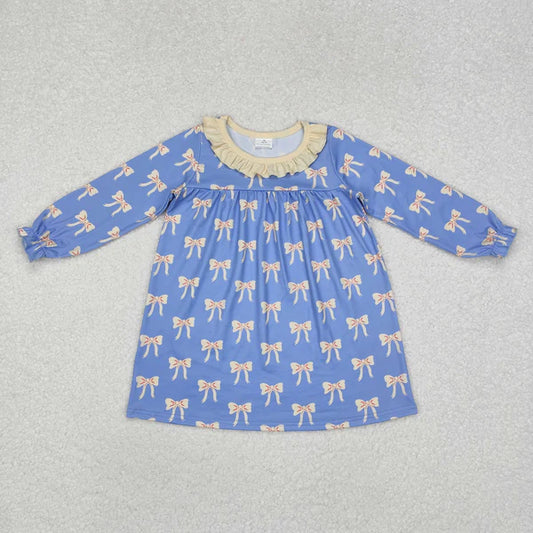 L-3.3 GLD0897 Baby Girls Blue Bows Ruffle Knee Length Dress