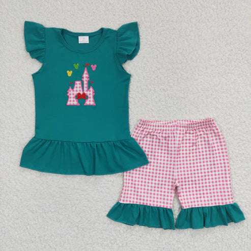 4.14 RTS NO MOQ GSSO0151 Girls Embroidered Cartoon Castle Green Flying Sleeves Red Shorts Set
