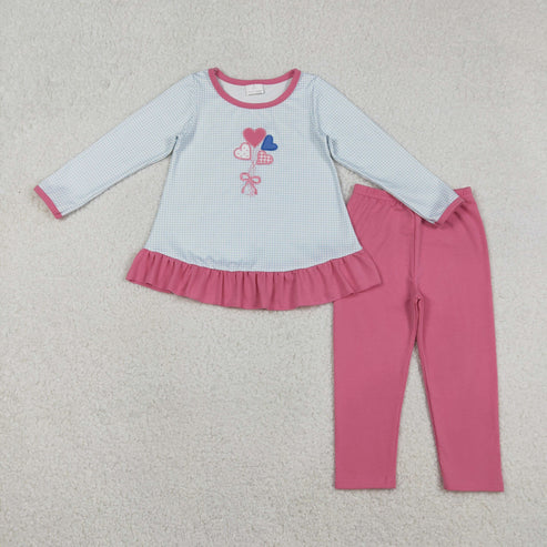 12.19 GLP2929 Embroidery Baby Girls Blue Checked Bows Hearts Tunic Leggings Valentine Clothes Set
