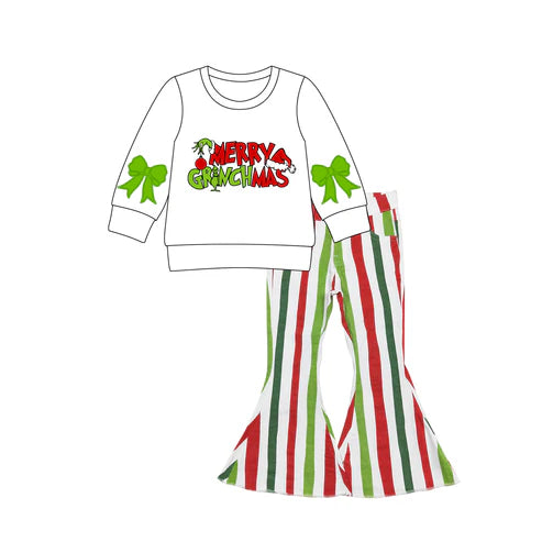 8.14 GLP2705 Baby Girls Merry Christmas Green Face Top Stripe Denim Pants Clothes Set Preorder