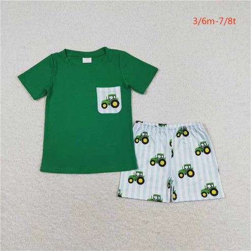 BSSO0903 Farm tractor pocket green short-sleeved blue striped shorts set