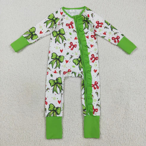 8.13 LR2482 Baby Girls Long Sleeves Green Red Bows Hearts Ruffle Zipper Romper