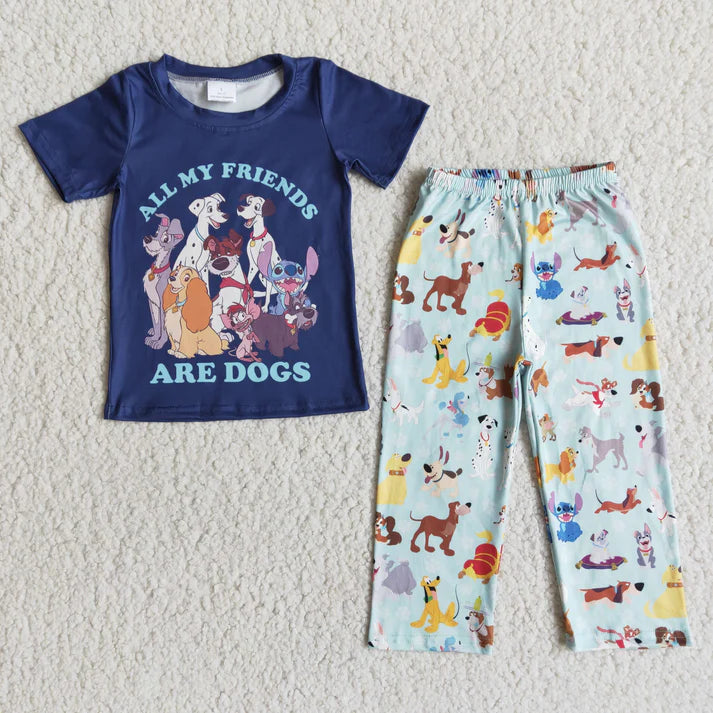 E11-12 Cartoon dog boy dark blue short sleeve pant suit