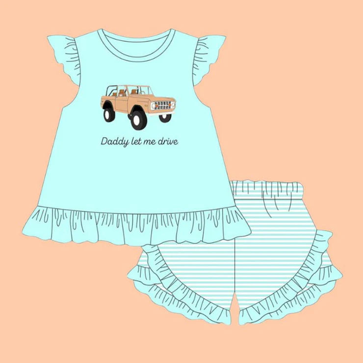 11.22 MOQ：5pcs GSSO2910 pre-order baby girl clothes car print toddler girl summer outfit