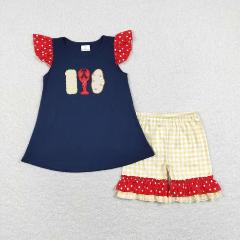 6.17 GSSO0452 embroidered corn crayfish dark blue lace short sleeve yellow and white plaid shorts suit