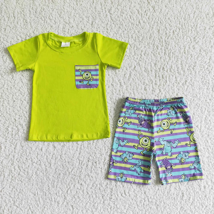 BSSO0044 Boys' green cartoon pocket short sleeve shorts suit