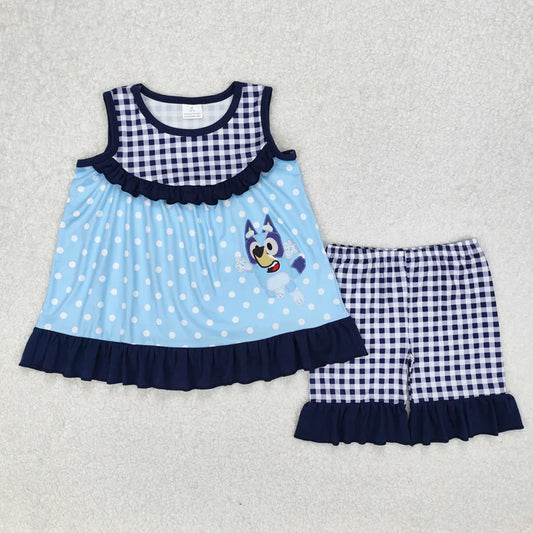 3.14 GSSO2124 Baby Girls Blue Dots Dogs Tunic Ruffle Shorts Clothes Set