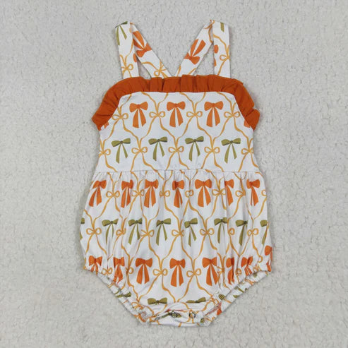 7.1 SR3148 Baby Girls Strap Orange Bows Plaid Ruffle Romper