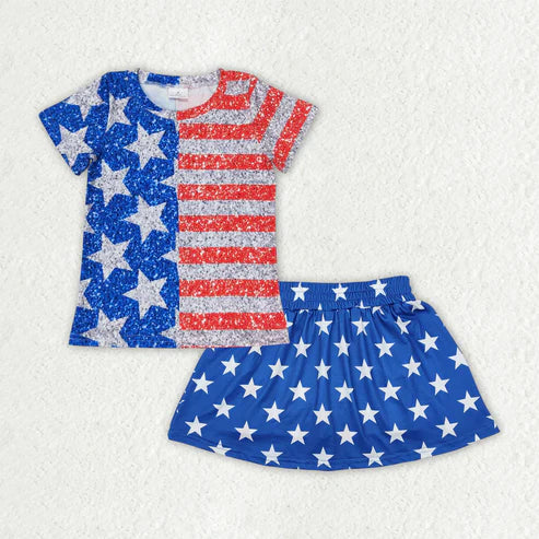 5.5  GT0584+GLK0051 Baby Girls 4th of July Stars Stripe Shirt Skorts Skirt Set