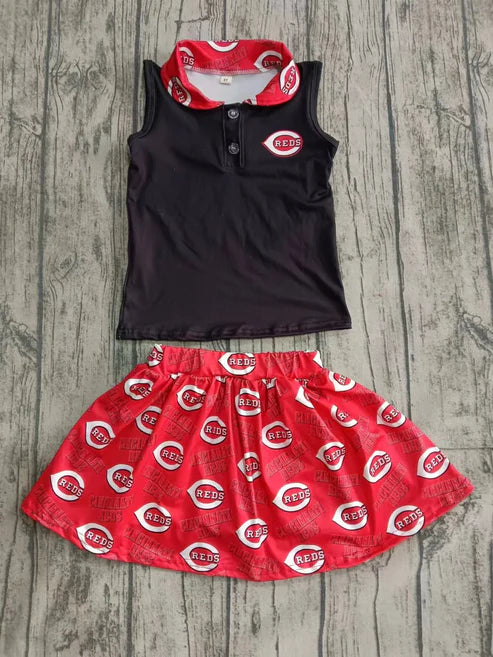 5.2  Baby Girls Black Sleeveless Team Tee Red Shirt Skirts Clothes Sets Preorder(moq 3)