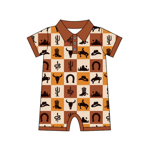 6.18 SR3094 Baby Infant Boys Khaki Short Sleeves Bull Skull Button Rompers Preorder