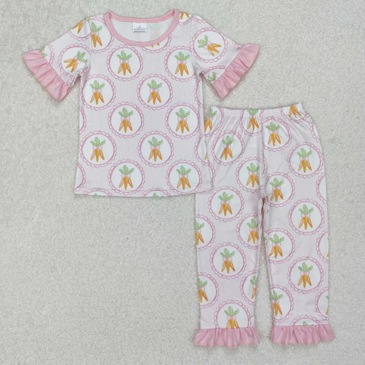 3.14 GSPO1992 Baby Girls Spring Easter Carrots Shirt Pants Pajamas Set
