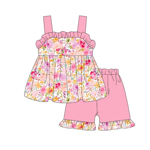 3.19   GSSO2351 Baby Girls Pink Strap Floral Tunic Ruffle Short Set preorder