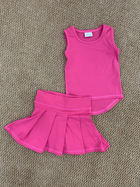 6.9  GT0982+GLK0079 Baby Girls Hot pink Sleeveless Vest Shirt Pleated Skorts Yoga Active Set