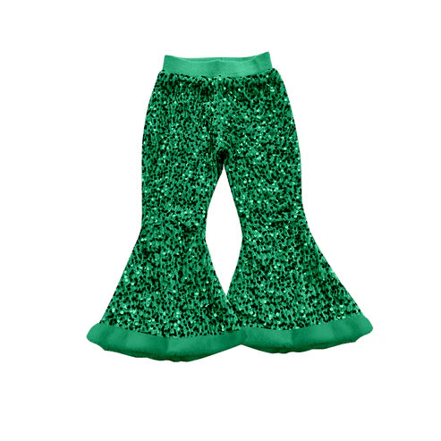 7.26 P0802 Baby Girls Green Sequin Bell Bottom Pants Preorder