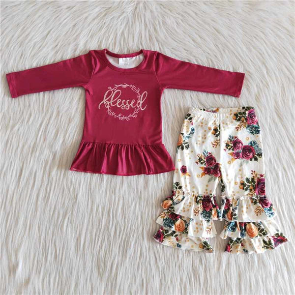 6 A16-28 Girl Red Blessed Floral Outfit