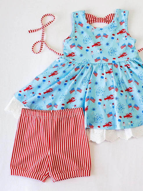 4.24 GSSO2592 Baby Girls Blue Flags Firework Lace Tunic Red Stripe 4th Of July Short Set Preorder