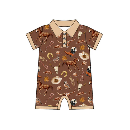 4.23  SR3076 Baby Boys Brown Short Sleeves Button Boots Horses Rompers Preorder