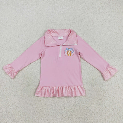8.22 GT1112 Embroidery Baby Girls Khaki Pink Long Ruffle Sleeves Pumpkins Zipper Pullover Top