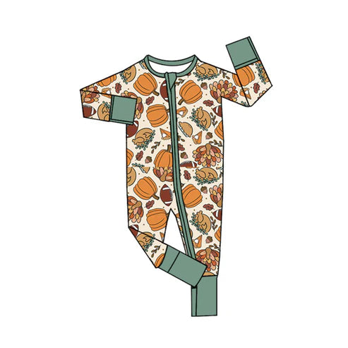 7.28 LR2459 Baby Boys Long Sleeves Turkey Pumpkins Zipper Pant Rompers Preorder