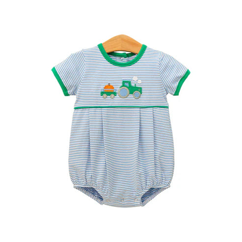 8.6 SR3201 Baby Boys Blue Stripe Pumpkins Truck Fall Rompers Preorder