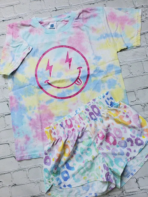 4.10 GSSO2495 Baby Girls Tie-dye Smile Top Colorful Leopard Shorts Sets Preorder
