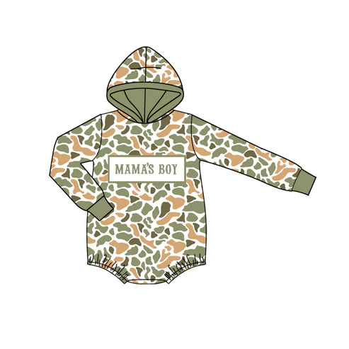 10.22  LR2798 Baby Boys Green Orange Camo Mama's Boy Hoodie Rompers Preorder
