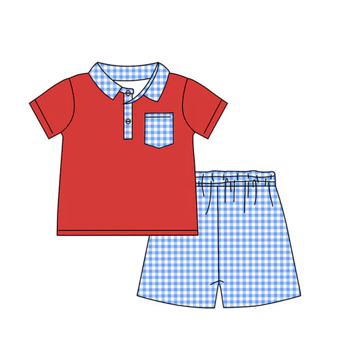 BSSO1152 Baby Boys Red Pocket Shirt Checkered Shorts Clothes Sets Preorder