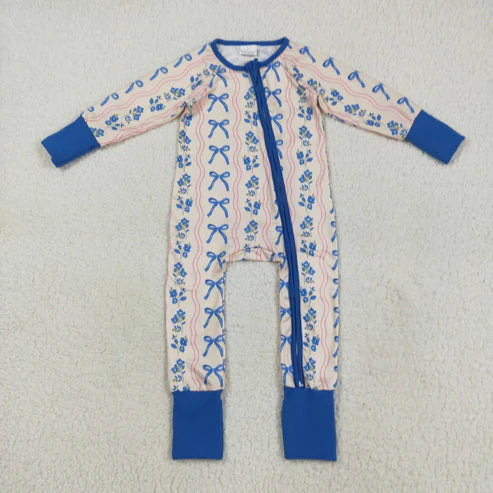 8.14 LR2327 Baby Girls Long Sleeves Blue Bows Flowers Stripe Zipper Pant Romper