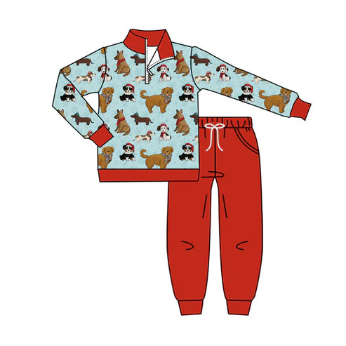 8.22 BLP1226 Baby Boys Dogs Zipper Pullovers Pockets Legging Pant Clothes Set Preorder
