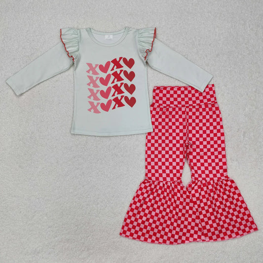 3.18 GT0441+P0340 Baby Girls Valentines XOXO Long Sleeve Shirts Pink Checkered Bell Pants Clothes Set