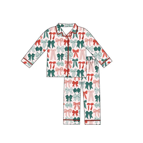 9.4 GLP2788 Baby Girls Long Sleeve Green Red Bows Button Top Pants Christmas Pajamas Set Preorder