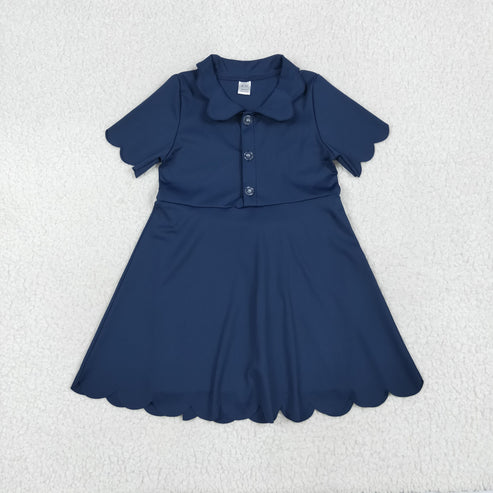 6.23 GSD2487 Baby Girls Navy Short Sleeves Button Yoga Knee Length Dress