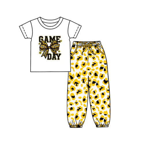 10.8 Custom Moq 5 Baby Kids Game Day Team Top Yellow Black Leopard Pants Clothes Sets