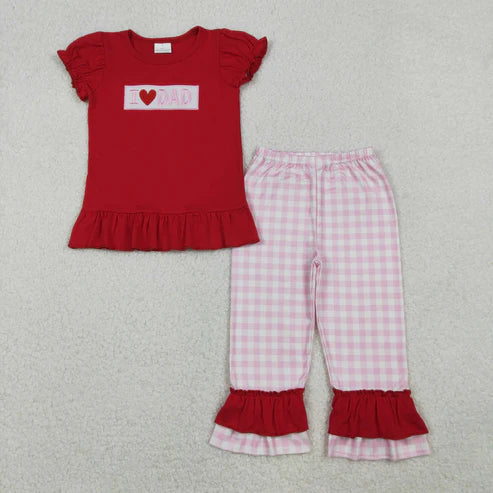 10.22 GSPO2072 Embroidery Baby Girls I Love Dad Top Pink Checked Ruffle Pants Clothes Set