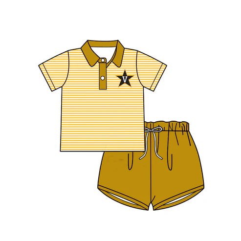 6.21 Custom Moq 3 Baby Boys Short Sleeves Yellow Stripe Button Star V Top Shorts Team Set
