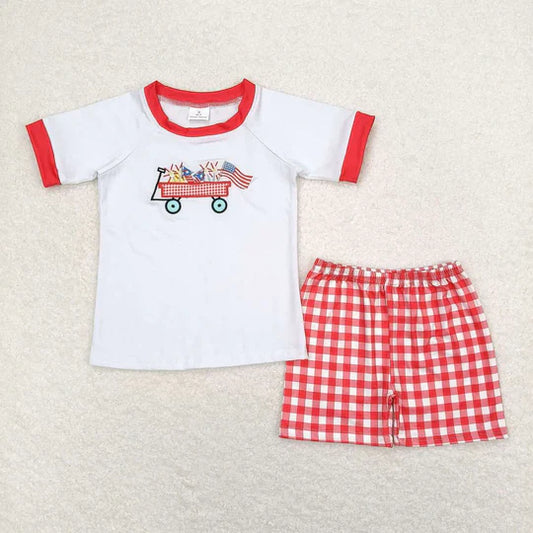 3.11  BSSO0618 RTS baby boy clothes flag 4th of July patriotic embroidery toddler boy summer outfit