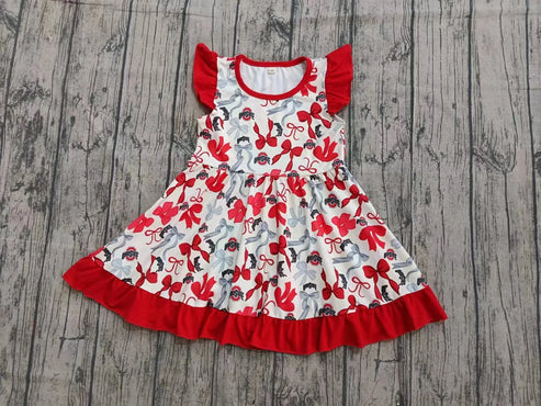 10.11 Custom Moq 8 Baby Girls Red Flutter Sleeve Bows Ohiostate Team Knee Length Dresses