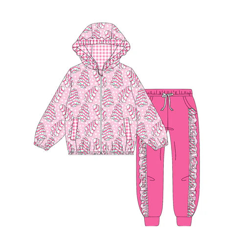 9.9 Custom Moq 5 Baby Girls Stripe Trees Stars Pockets Zipper Hoodie Jackets Jogger Christmas Clothes Sets