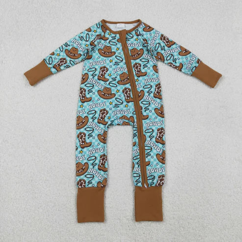 11.5 LR2517 Baby Boys Western Howdy Hats Plaid Zipper Footie Romper