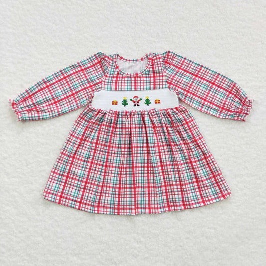 4.7  GLD0331 smocked embroidered gift Santa Claus red and green plaid long-sleeved dress