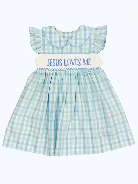 3.23  GSD2225 Baby Girls Flutter Sleeves Green Blue Plaid JESUS LOVES ME Knee Length Dresses Preorder