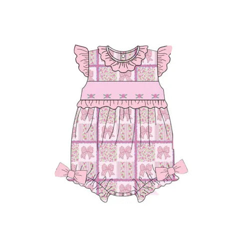 SR2882 Baby Infant Girls Pink Bows Flowers Flutter Sleeve Rompers preorder