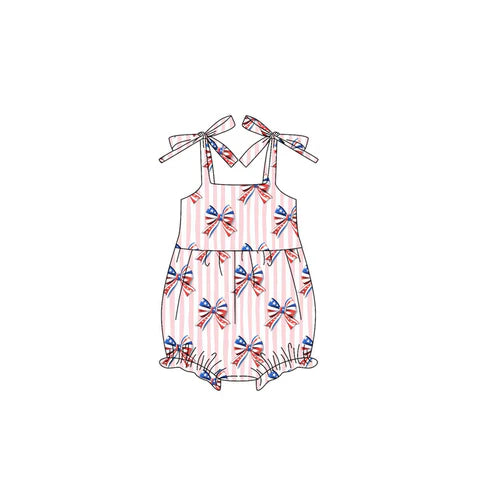 4.12 SR3081 Baby Girls Strap Pink Stripe Blue Red Bows 4th Of July Ruffle Rompers Preorder