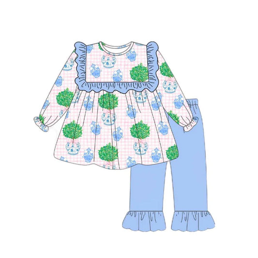 6.12  GLP2396 Baby Girls Pink Plaid Long Sleeves Plants Tunic Blue Ruffle Pant Set Preorder