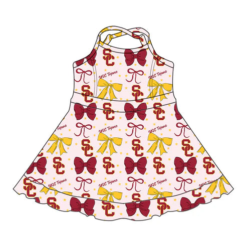 7.3 Custom Moq 3 Baby Girls Strap USC Bows Plaid Short Ruffle Team Knee Length Dresses