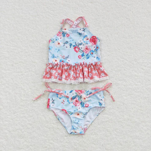 S0159 floral pink lace light blue swimsuit set